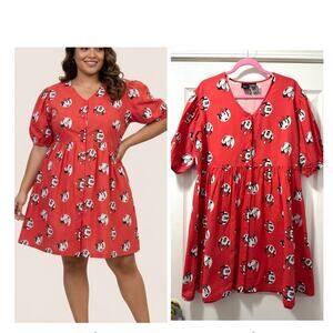 Cakeworthy Disney Minnie Mouse Red Puff Sleeve Button Front Dress Womens 2XL